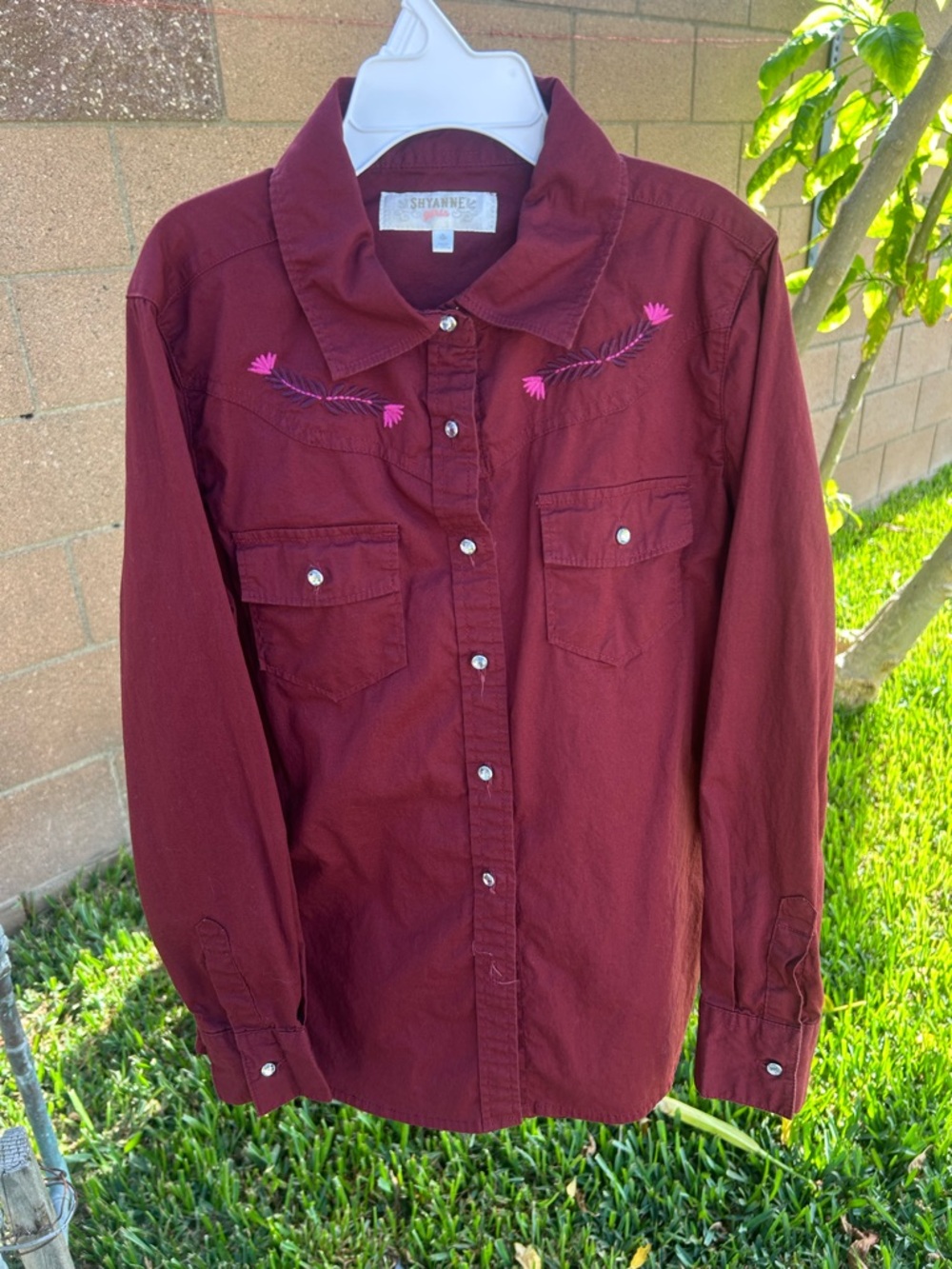 Shyanne Burgundy Button-Down Shirt with Pink Embroidery